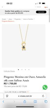 Corrente e pingente em ouro 18k e safiras azuis menino 