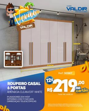 Roupeiro Casal 6 Portas Amêndoa Clean/Off White 270cm