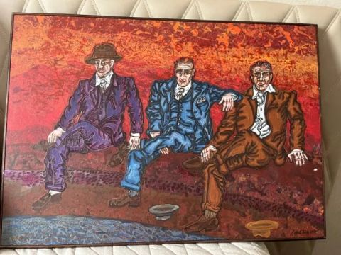 Pintura Óleo sobre tela de 3 homens pousando para uma foto