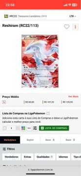 Carta Pokemon Reshiram RC22/113 Tesouros Lendários