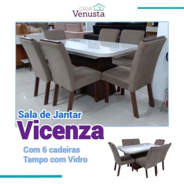 Mesa de Jantar 6 cadeiras, com Vidro no tampo 