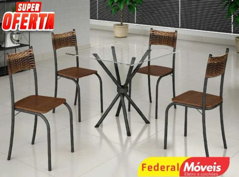 Mesa com Tampo de Vidro Quadrada com 4 cadeiras Nova Fazemos Crediário