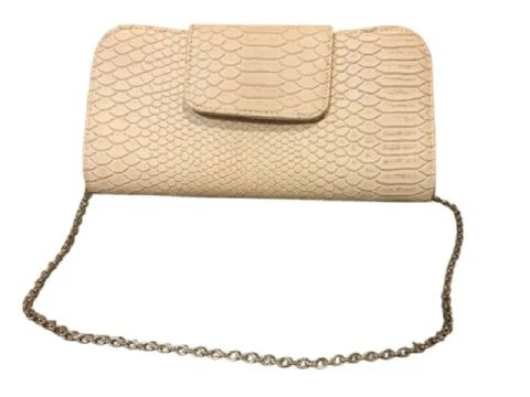 Bolsa Clutch Couro Croco Nude Alça Corrente