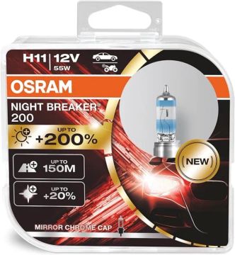 Lâmpadas Osram Night Breaker 200 H11 Lacradas 200% mais brilho 12V (par)