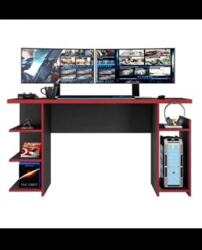 Mesa Gamer com Prateleira e Gaveta - Preto e Vermelho