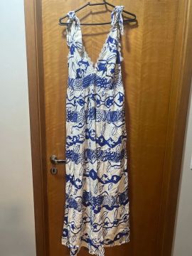 Vestido FARM Longo Estampado Azul e Branco
