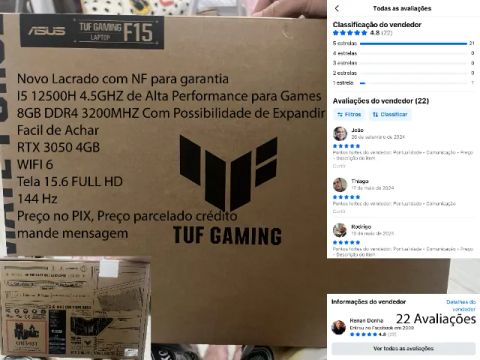 Notebook Gamer Asus Tuf Gaming F15 i5 RTX 3050 nvme 512gb Novo