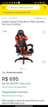 Cadeira Gamer Pctop Racer 1006 - Couro Sintético - Preto/Vermelho