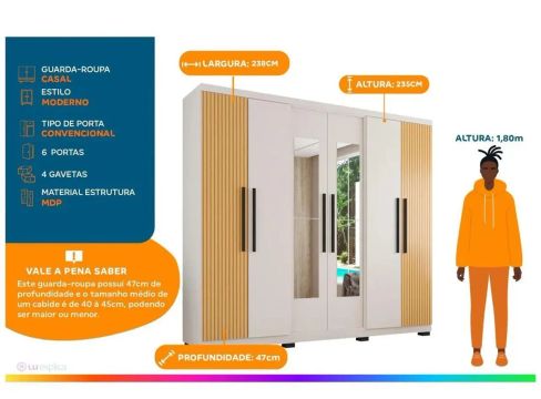 Guarda-Roupa Casal Moderno 6 Portas - Branco/Amadeirado