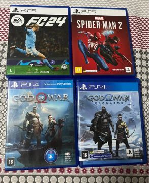 4 Jogos de PS4 e PS5 - God of War, Spider-Man 2, FIFA 24 e God of War Ragnarok