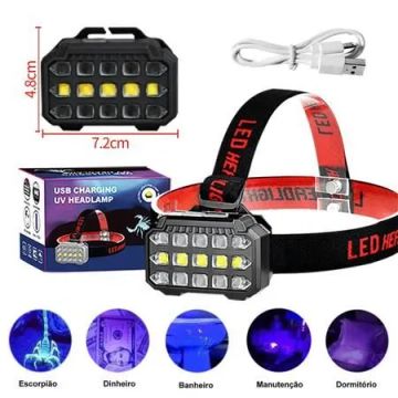 Lanterna de Cabeça com luz Negra Ultravioleta lâmpada Led Branco