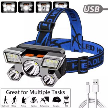 Lanterna De Cabeça Holofote 5 LED Super Brilhante USB À Prova D'água Recarregável
