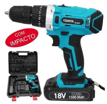 Furadeira e Parafusadeira 18V com Impacto 1500 mAh - TSSAPER
