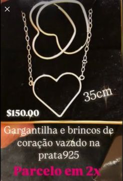 Gargantilha e Brincos de Coração Vazado Prata 925