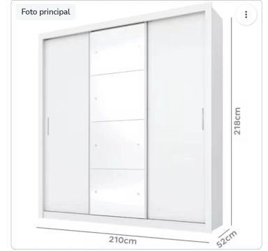 Guarda-Roupa de Casal 3 Portas de Correr com Espelho Branco 210cm