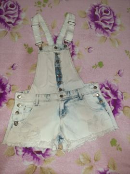 Macacão Jeans tam 38 Sawary  Branco com Detalhes Desfiados