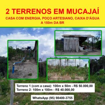 Chácara com casa e energia - 2 terrenos em Mucajaí RR 100x100m e 100x50m