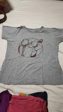 Camiseta feminina cinza com estampa de desenho
