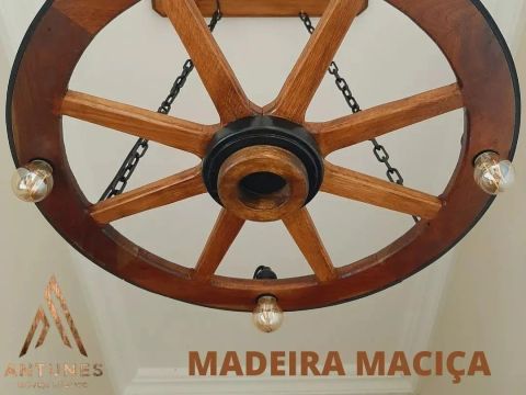 Lustre Rústico Roda De Carroça 60cm Retro P/3 Lâmpadas<br>