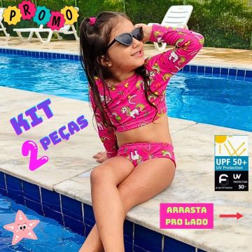 Kit 2 peças: Biquíni para Meninas + Blusa Cropped Manga Longa - 4/5 anos - Proteção 50uv+