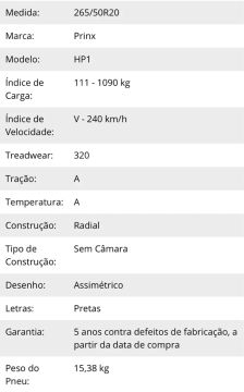 Pneu Prinx HP1 265/50R20