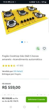 Fogão Cooktop Gás D&D 5 Bocas Amarelo - Acendimento Automático