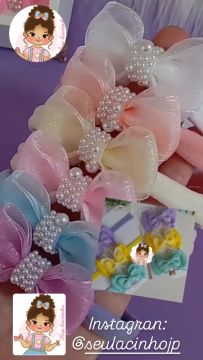 Laços de fita para bebê com pérolas