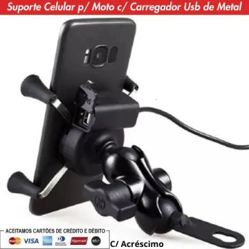  PROMOÇÃO  Suporte Celular p/ moto c/ Carregador Usb de Metal