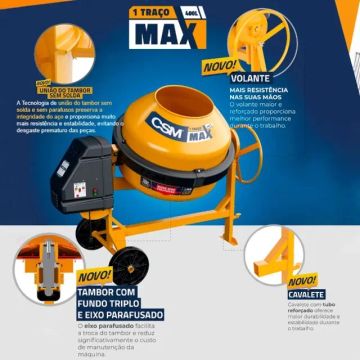 NOVA - Betoneira de 1 Traço Max 400L 2CV 220V CSM - NOVA