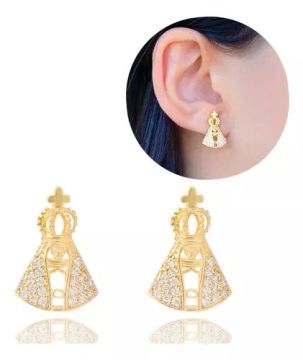 Brincos Nossa Senhora Banhado em Ouro 18k - Luxo e Fé!