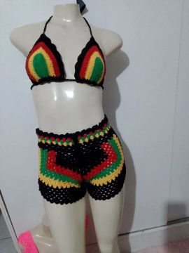 Biquíni Crochê Reggae - Vermelho, Verde e Amarelo