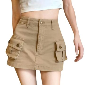 Mini Saia Cargo, Caqui, Estilo Coreano Com bolsos frontais