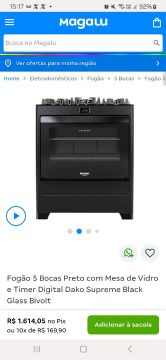 Fogão 5 Bocas Preto com Mesa de Vidro Dako Supreme Black Glass Bivolt