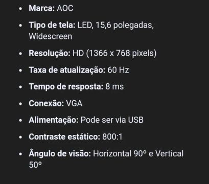 Monitor AOC 15,6 LED usado excelente