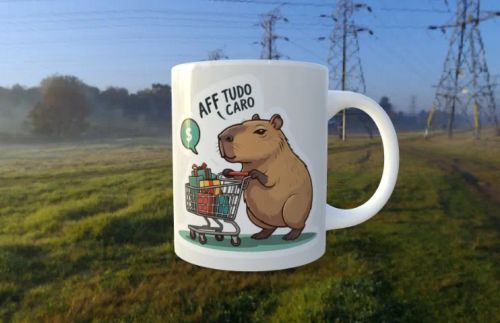 caneca de porcelana estampa capivara mercado tudo caro aff !!