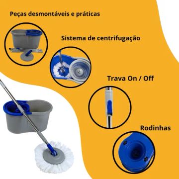 Balde MOP 8L COM ESFREGÃO DE MICRO FIBRA PARA LIMPEZA