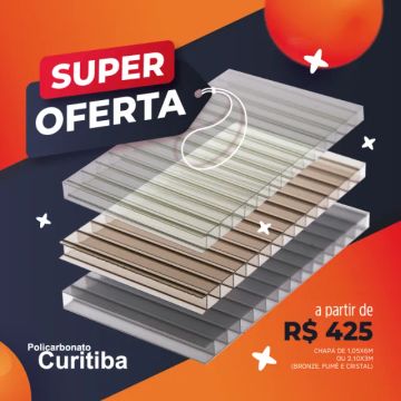Chapa de policarbonato alveolar (6mm) cristal, bronze ou fumê (1,05x6m ou 2,10x3m)