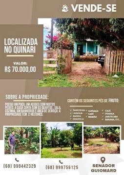 Vende-se uma chácara em Senador Guiomard, Polo Pirã de Rã, a 200 metros da BR.