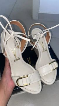 Sandália Feminina Anabela Salto Conforto Off White Amarração