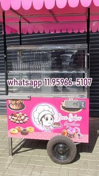 carrinho de bolo pudim doces vitrine com placas e toldo 