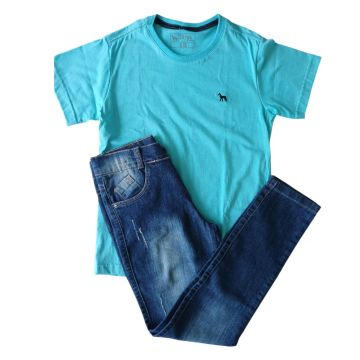 Conjunto Menino Infantil - Juvenil - Camiseta Lisa Malha de Algodão e Calça Jeans Básica 