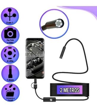 Câmera Endoscópica Inspeção 2m Celular Android Sonda Usb Led