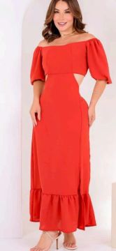 Vestido Vermelho Longo com Decote Off-Shoulder