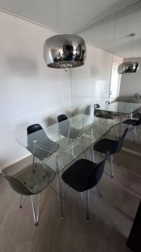 Mesa de Jantar de Vidro Moderna + 6 Cadeiras - Estilo Eiffel de Ferro Cromado