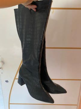 Botas Over The Knee Couro Croco Preto