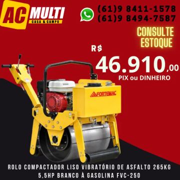 Rolo Compactador Liso Vibratório de Asfalto 265Kg 5,5HP Branco à Gasolina FVC-250