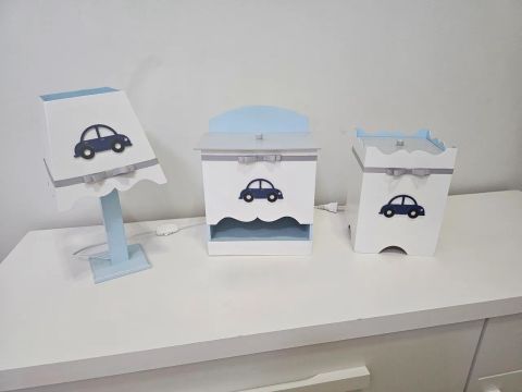 Kit Luminária, Lixeira e Porta Objetos Decorativo - Carrinho Azul