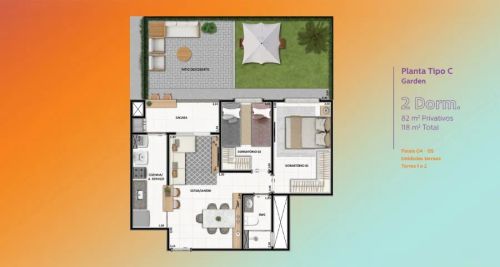  ED. VIBE da YTICON, planta GARDEN no Térreo ap. 05 com 2 quartos.