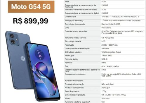 Moto G54 5G - Novo - Azul - Tela 6.5'' - Câmera 50MP - 256GB