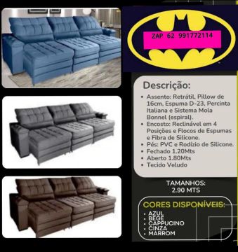 Sofá Retrátil 3 lugares - Veludo - 2.90 Mts
